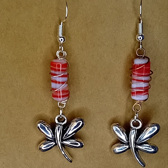 Glass Bead Dragonfly Dangle Earrings - Picture 3 of 3